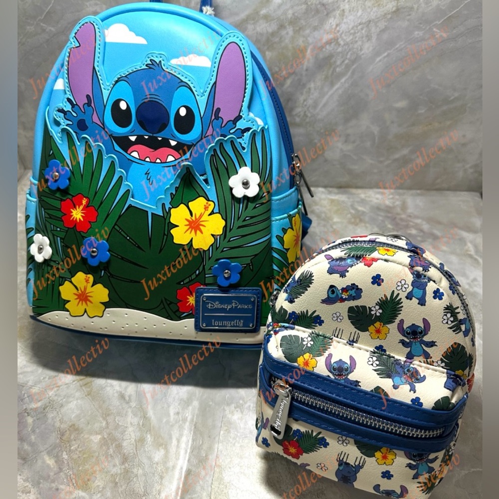 NWT Disney Parks Loungefly Tropical Floral Stitch Mini Backpack & Wristlet